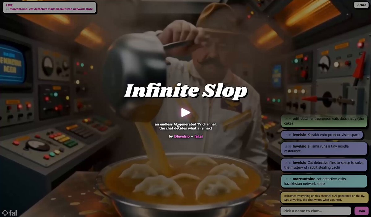 Launch post for Pieter Levels’ Infinite Slop live AI video experiment